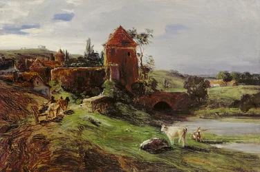 Paisaje con un puente cerca de Landsberg an der Warthe